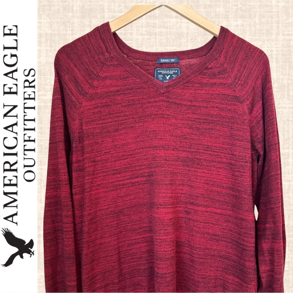 American Eagle Outfitters Men's Red & Black Heathered V-Neck Sweater Size Large